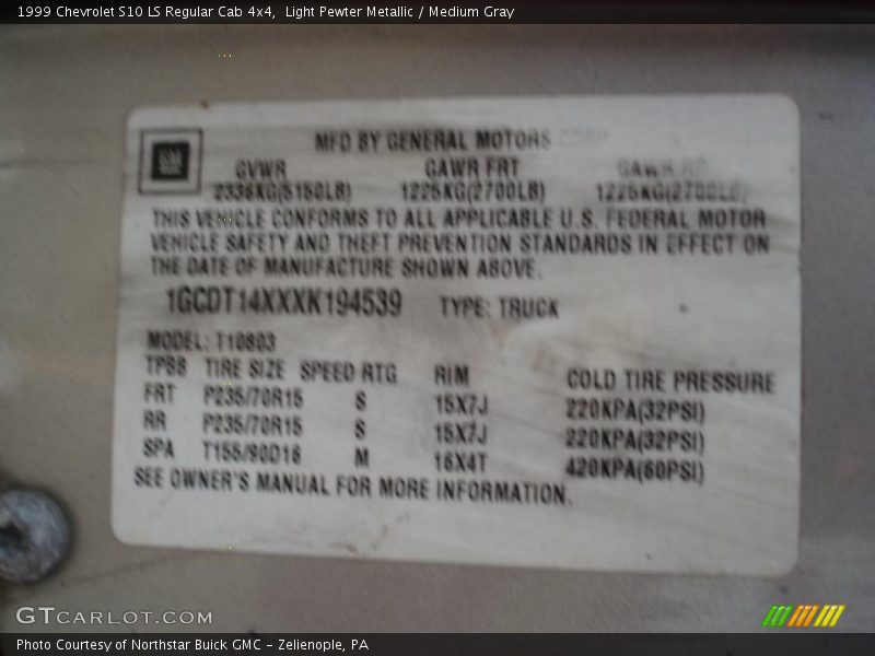 Light Pewter Metallic / Medium Gray 1999 Chevrolet S10 LS Regular Cab 4x4