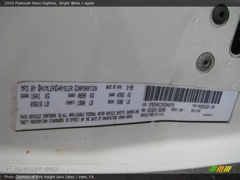 Bright White / Agate 2000 Plymouth Neon Highline