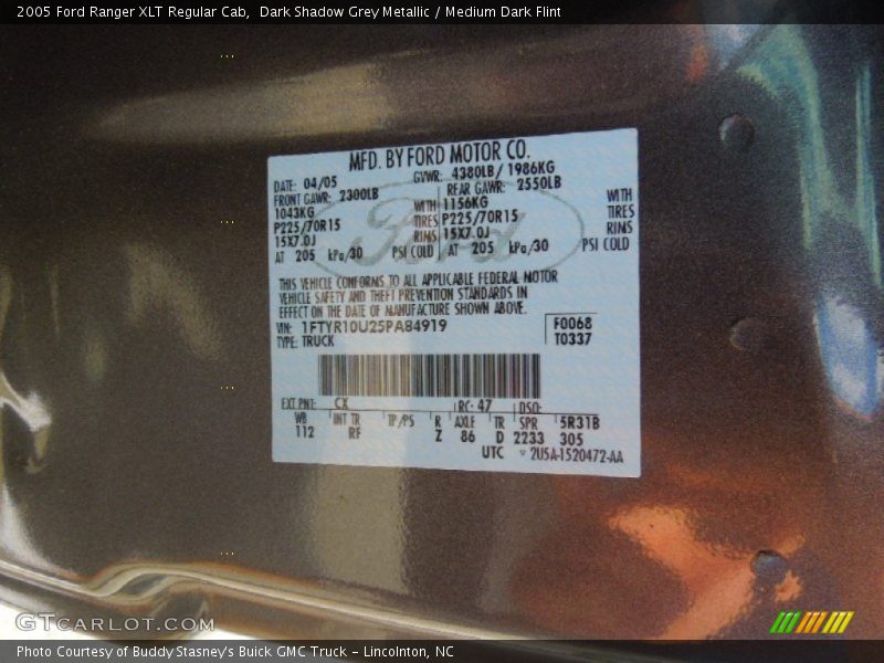 Dark Shadow Grey Metallic / Medium Dark Flint 2005 Ford Ranger XLT Regular Cab