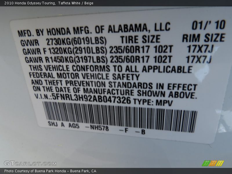 Taffeta White / Beige 2010 Honda Odyssey Touring