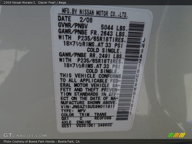 Glacier Pearl / Beige 2009 Nissan Murano S