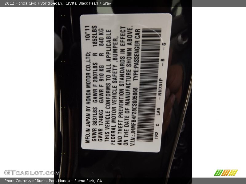 Crystal Black Pearl / Gray 2012 Honda Civic Hybrid Sedan