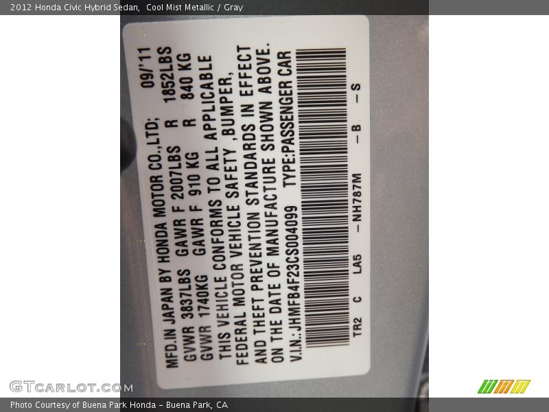 Cool Mist Metallic / Gray 2012 Honda Civic Hybrid Sedan
