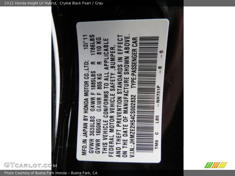 2012 Insight LX Hybrid Crystal Black Pearl Color Code NH731P