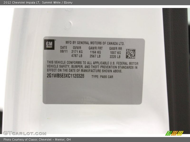 Summit White / Ebony 2012 Chevrolet Impala LT