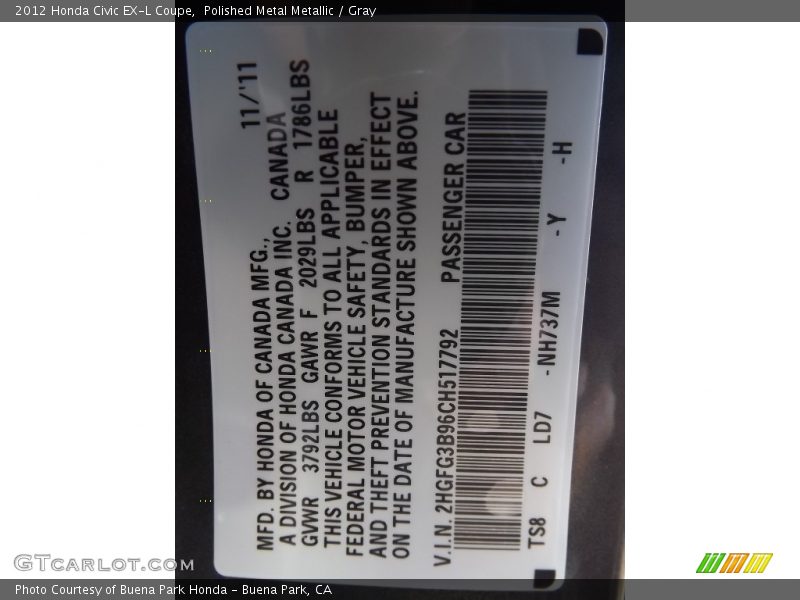 Polished Metal Metallic / Gray 2012 Honda Civic EX-L Coupe