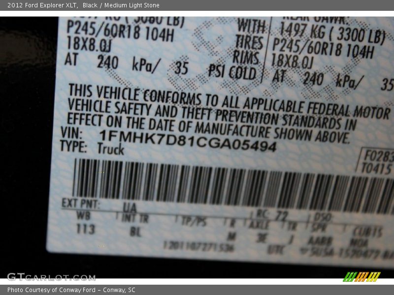 Black / Medium Light Stone 2012 Ford Explorer XLT