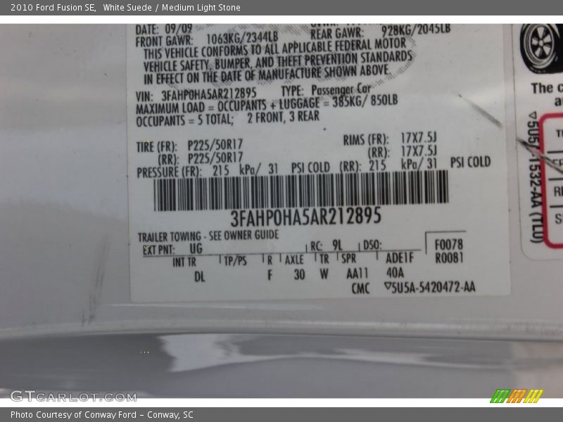 White Suede / Medium Light Stone 2010 Ford Fusion SE