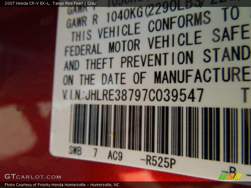 Tango Red Pearl / Gray 2007 Honda CR-V EX-L