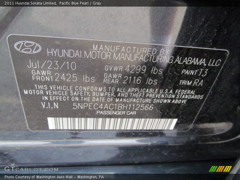 Pacific Blue Pearl / Gray 2011 Hyundai Sonata Limited