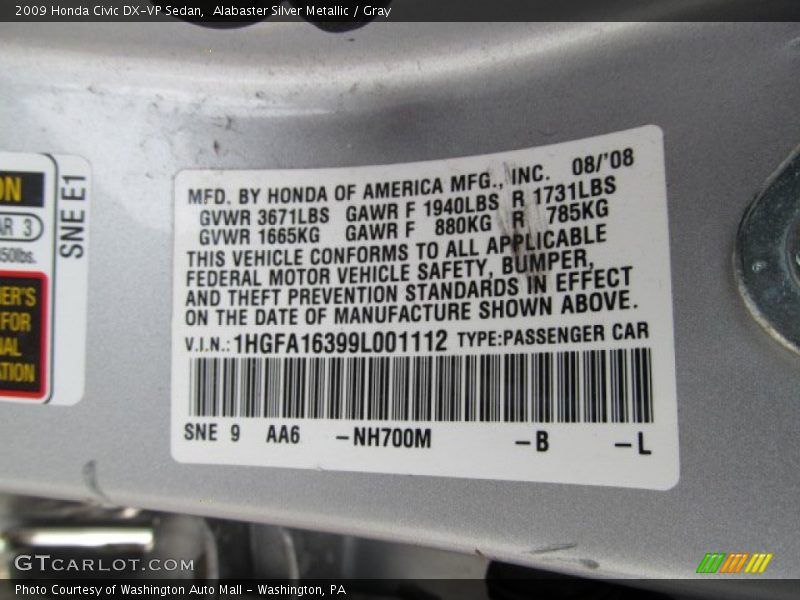 2009 Civic DX-VP Sedan Alabaster Silver Metallic Color Code NH700M
