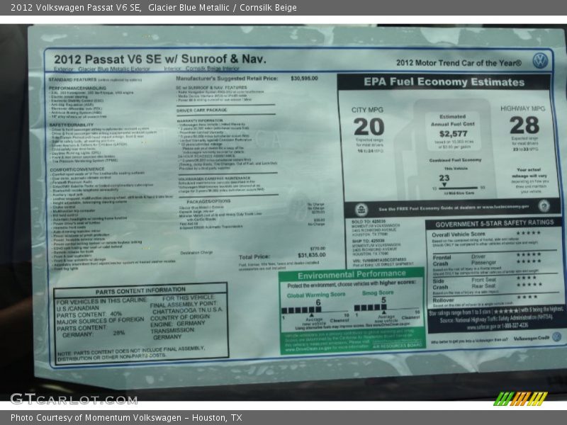 Glacier Blue Metallic / Cornsilk Beige 2012 Volkswagen Passat V6 SE