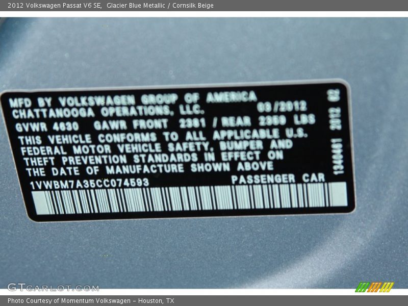 Glacier Blue Metallic / Cornsilk Beige 2012 Volkswagen Passat V6 SE