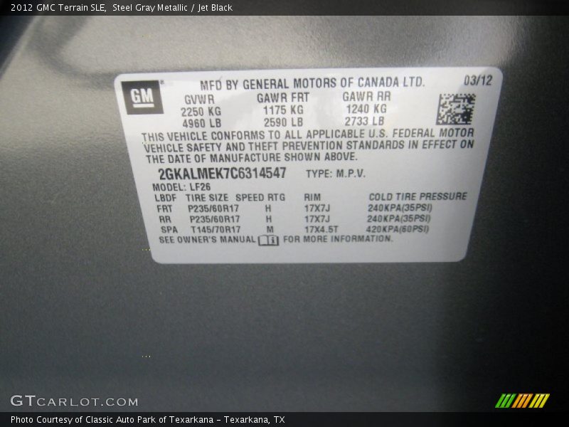 Steel Gray Metallic / Jet Black 2012 GMC Terrain SLE