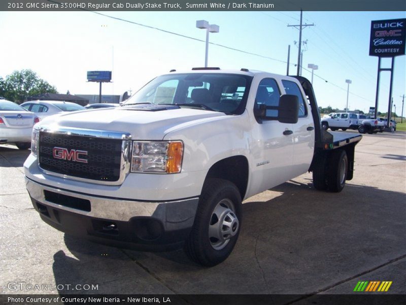 Summit White / Dark Titanium 2012 GMC Sierra 3500HD Regular Cab Dually Stake Truck