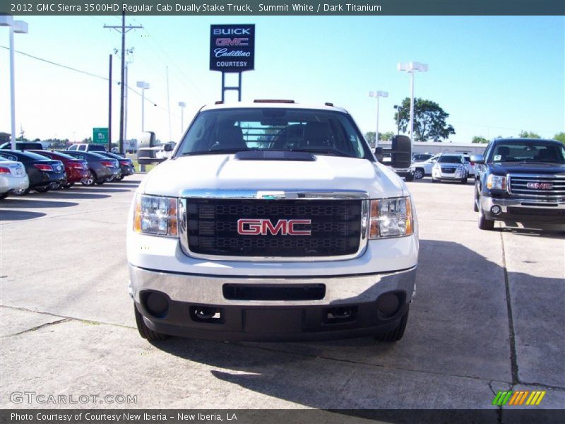 Summit White / Dark Titanium 2012 GMC Sierra 3500HD Regular Cab Dually Stake Truck