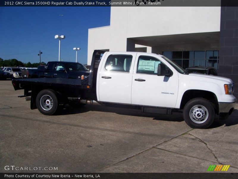 Summit White / Dark Titanium 2012 GMC Sierra 3500HD Regular Cab Dually Stake Truck