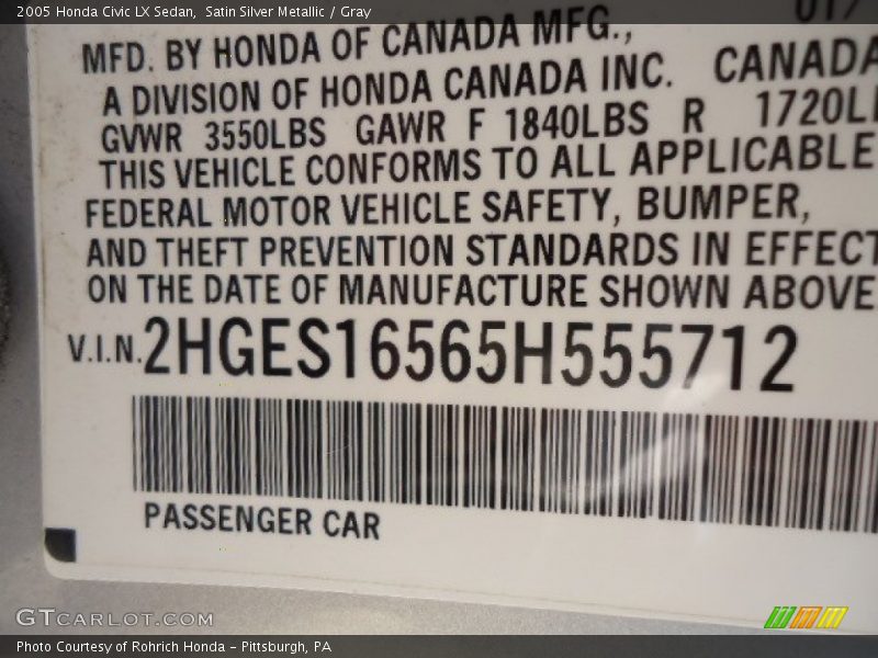 Satin Silver Metallic / Gray 2005 Honda Civic LX Sedan