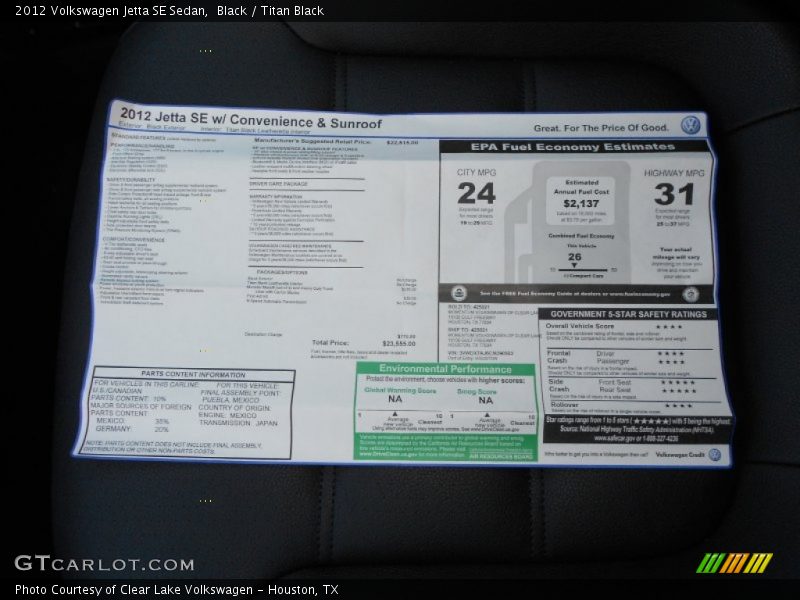 Black / Titan Black 2012 Volkswagen Jetta SE Sedan