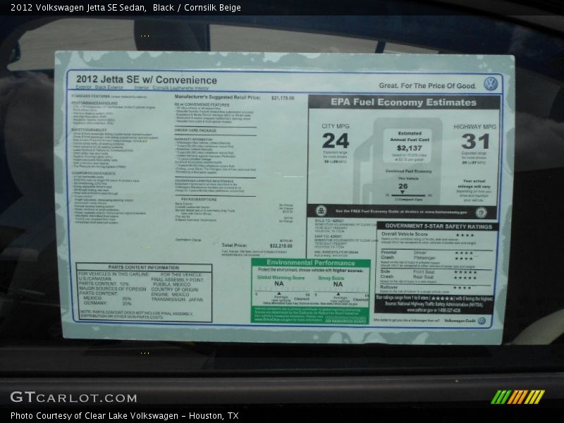 Black / Cornsilk Beige 2012 Volkswagen Jetta SE Sedan