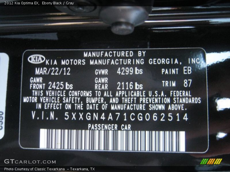Ebony Black / Gray 2012 Kia Optima EX