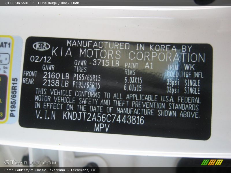 Dune Beige / Black Cloth 2012 Kia Soul 1.6