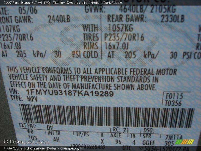 Titanium Green Metallic / Medium/Dark Pebble 2007 Ford Escape XLT V6 4WD