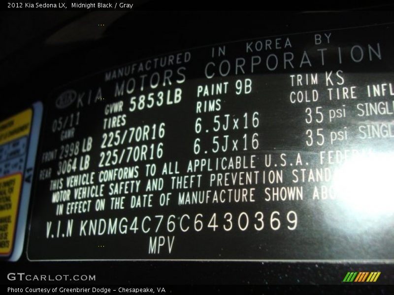 Midnight Black / Gray 2012 Kia Sedona LX