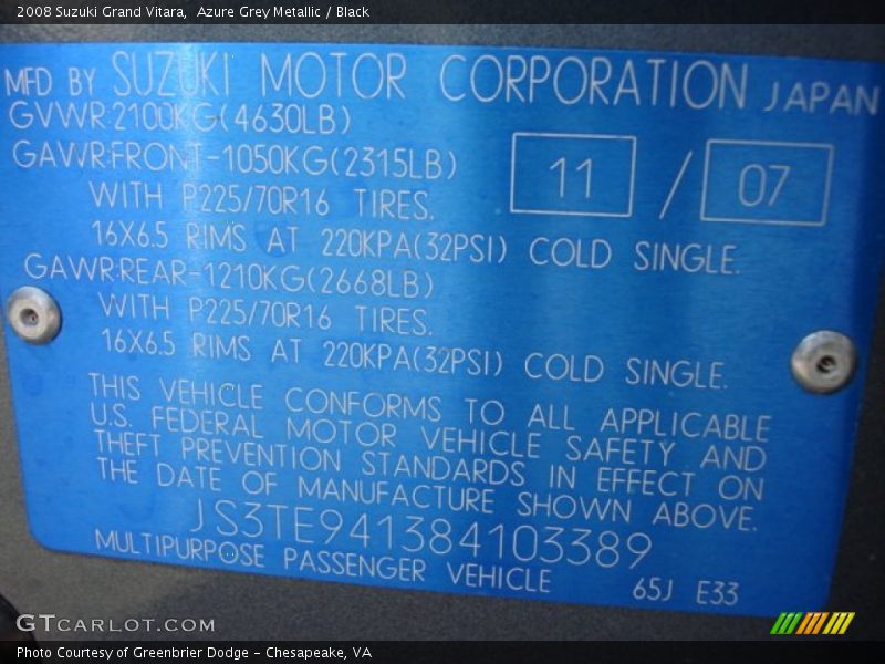 Azure Grey Metallic / Black 2008 Suzuki Grand Vitara