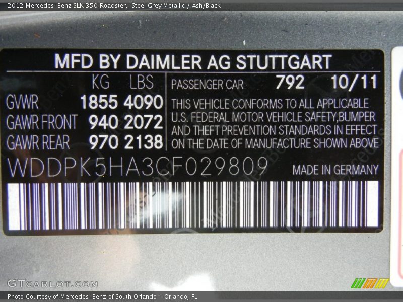 Steel Grey Metallic / Ash/Black 2012 Mercedes-Benz SLK 350 Roadster