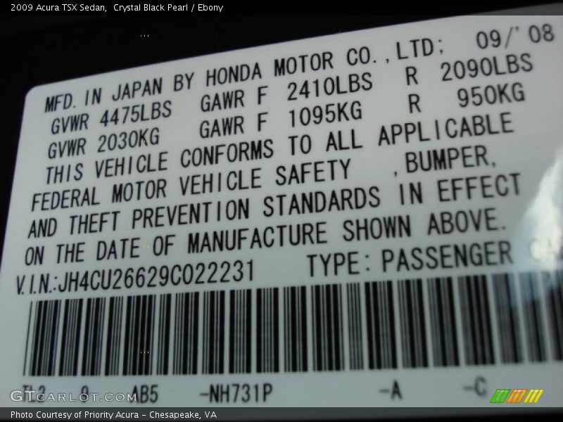 Crystal Black Pearl / Ebony 2009 Acura TSX Sedan