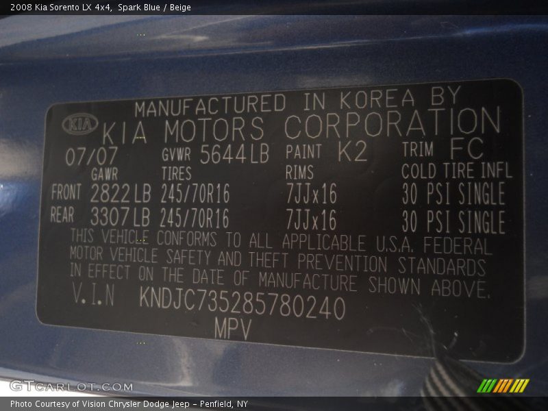 Spark Blue / Beige 2008 Kia Sorento LX 4x4