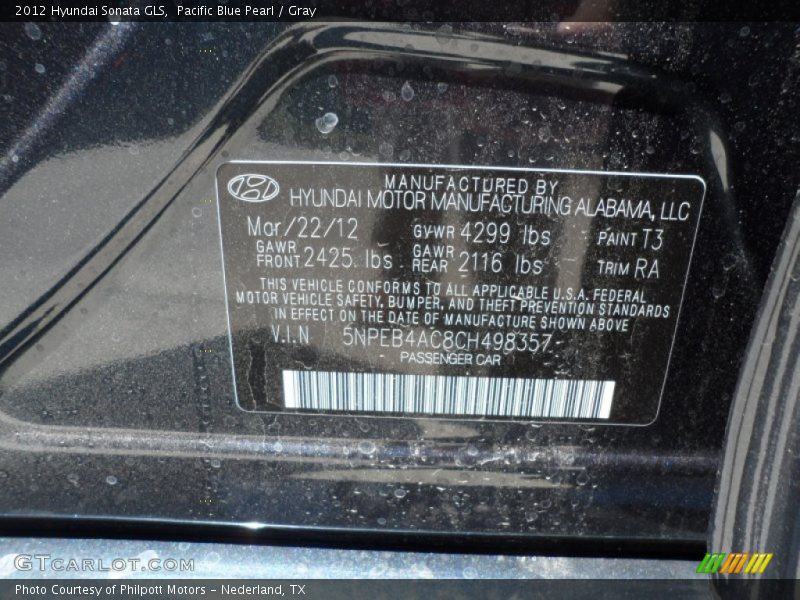 Pacific Blue Pearl / Gray 2012 Hyundai Sonata GLS