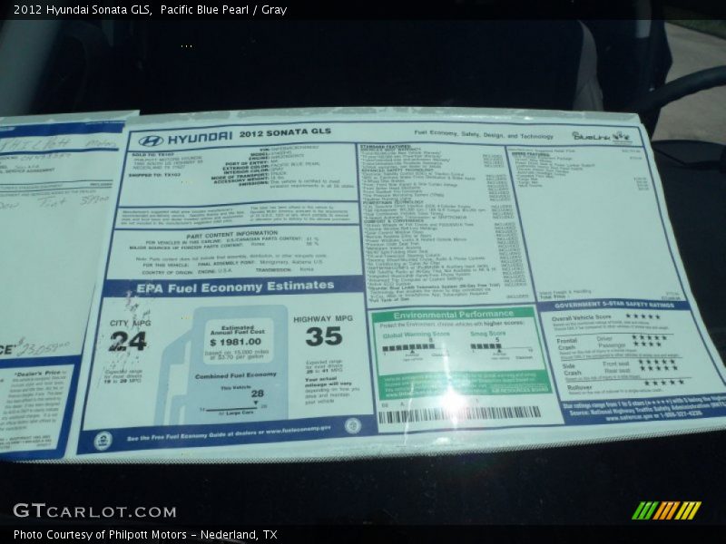 Pacific Blue Pearl / Gray 2012 Hyundai Sonata GLS