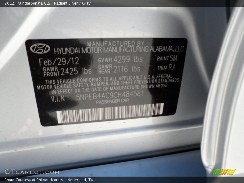 Radiant Silver / Gray 2012 Hyundai Sonata GLS