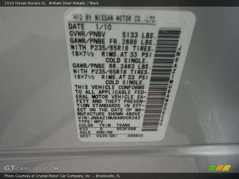 Brilliant Silver Metallic / Black 2010 Nissan Murano SL