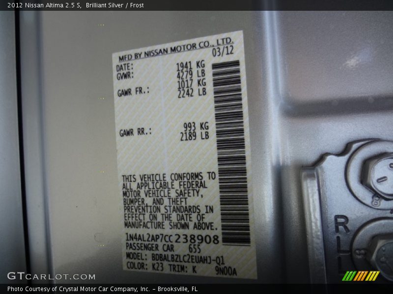 Brilliant Silver / Frost 2012 Nissan Altima 2.5 S