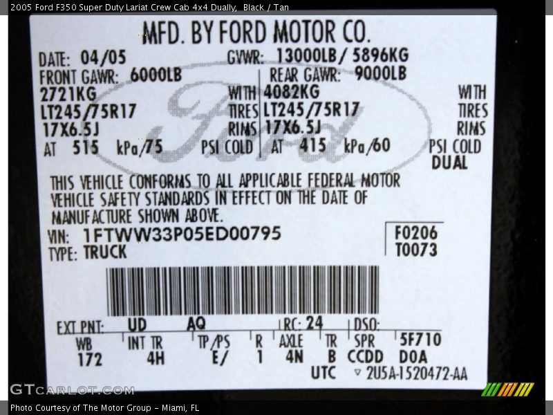 2005 F350 Super Duty Lariat Crew Cab 4x4 Dually Black Color Code UD