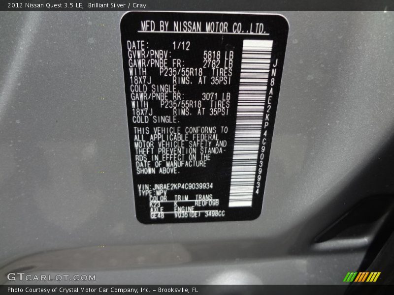 2012 Quest 3.5 LE Brilliant Silver Color Code K23