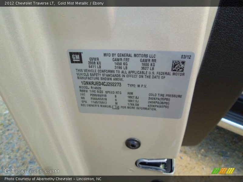 Gold Mist Metallic / Ebony 2012 Chevrolet Traverse LT
