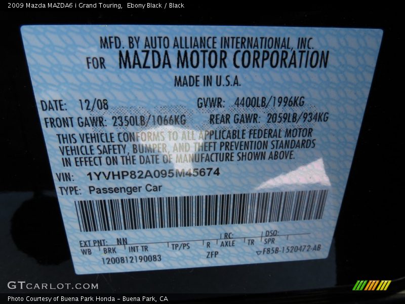 Ebony Black / Black 2009 Mazda MAZDA6 i Grand Touring