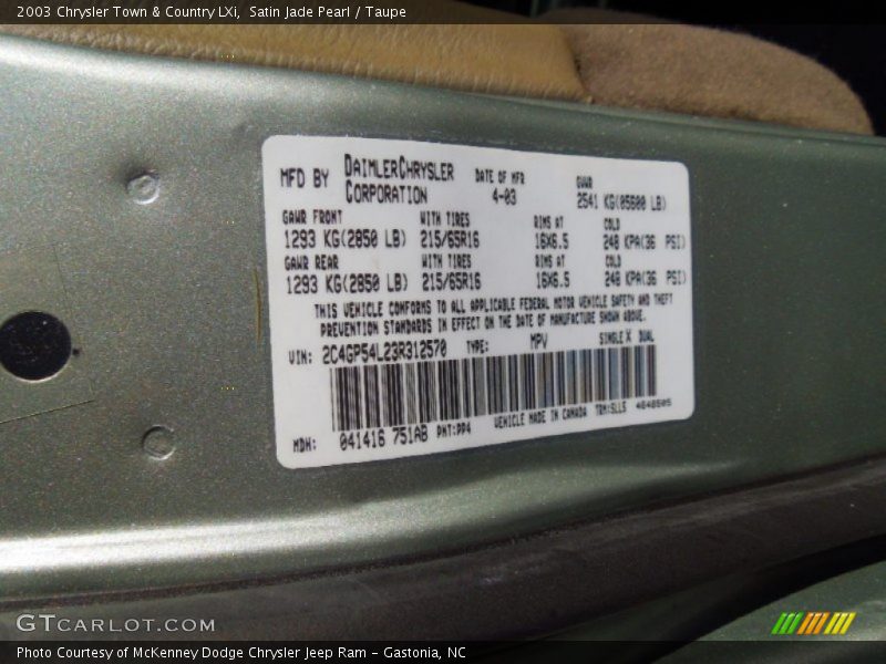 Satin Jade Pearl / Taupe 2003 Chrysler Town & Country LXi