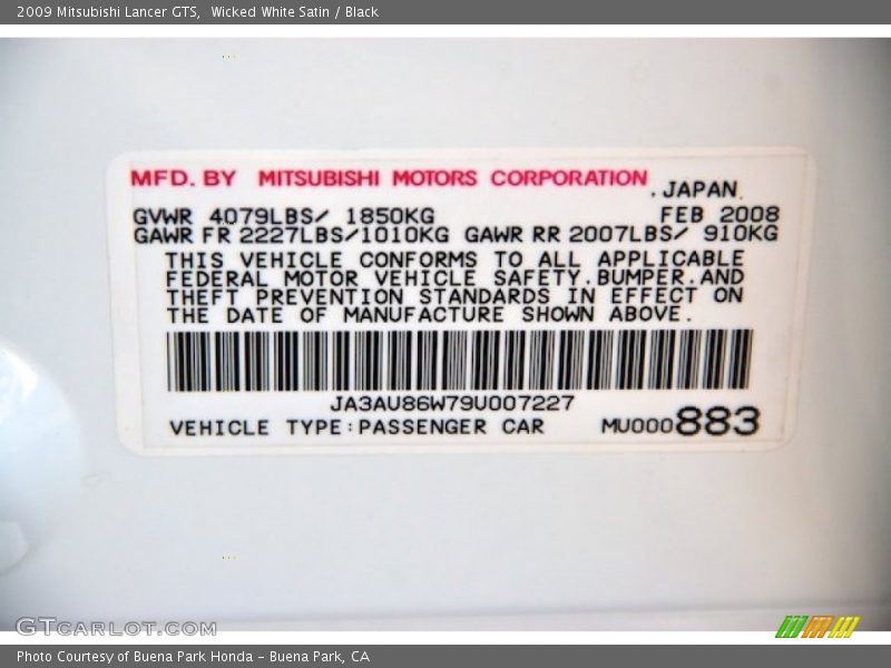 Wicked White Satin / Black 2009 Mitsubishi Lancer GTS