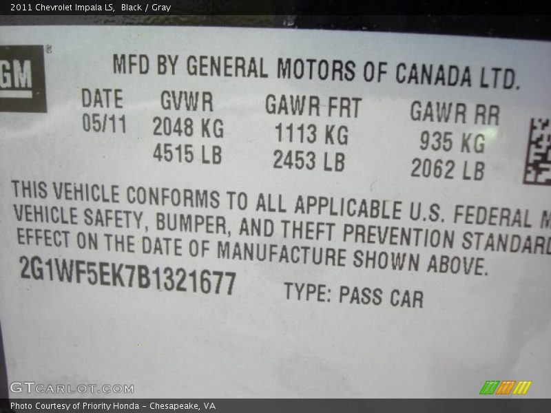 Black / Gray 2011 Chevrolet Impala LS