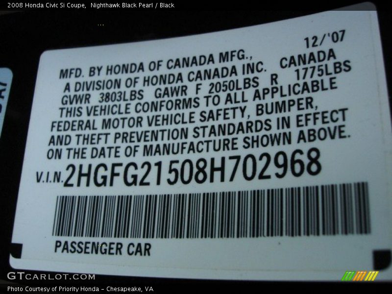 Nighthawk Black Pearl / Black 2008 Honda Civic Si Coupe