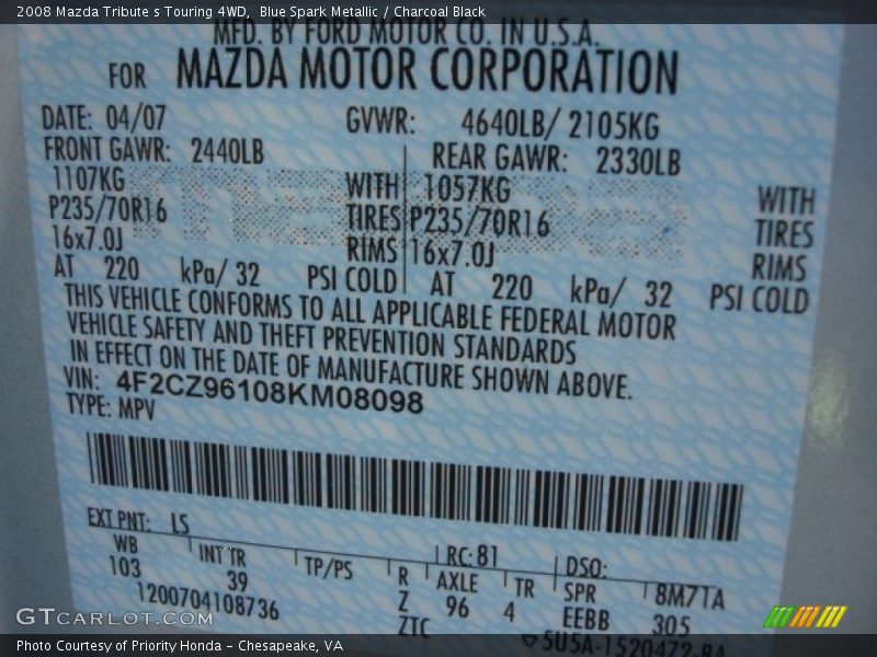 2008 Tribute s Touring 4WD Blue Spark Metallic Color Code LS