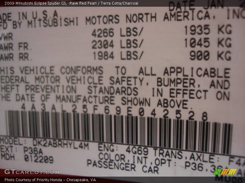 2009 Eclipse Spyder GS Rave Red Pearl Color Code P36