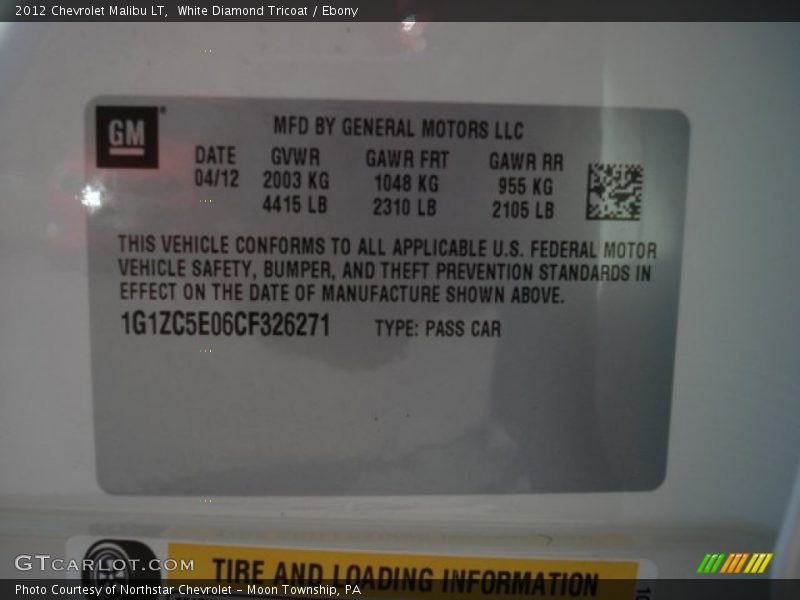 White Diamond Tricoat / Ebony 2012 Chevrolet Malibu LT
