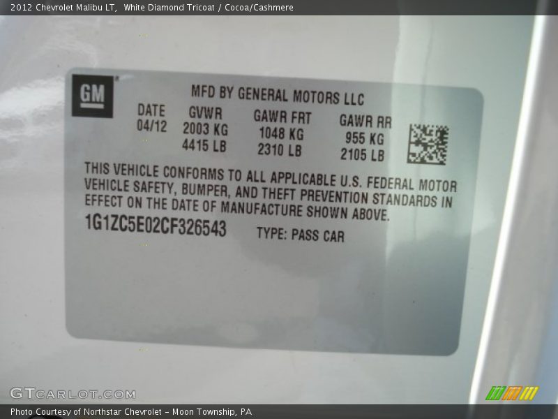 White Diamond Tricoat / Cocoa/Cashmere 2012 Chevrolet Malibu LT