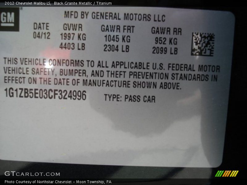 Black Granite Metallic / Titanium 2012 Chevrolet Malibu LS
